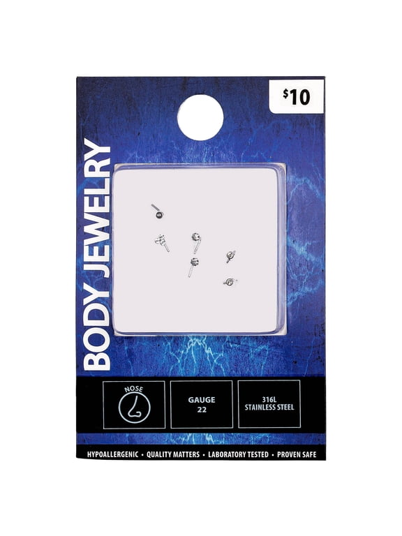 Women's Stainless Steel 22G Multi Shape Crystal Stud Nose Rings, 6 pack