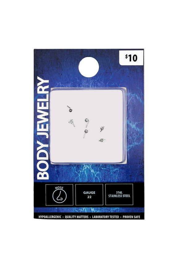 Body Jewlery Women's Stainless Steel 22G Multi Shape Crystal Stud Nose Rings, 6 Pack