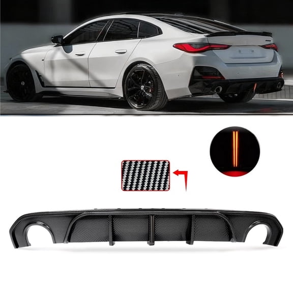 For BMW 4 Series G26 Gran Coupe 2021-2024 M-Sport Rear Bumper Diffuser Carbon Look w/ LED Light