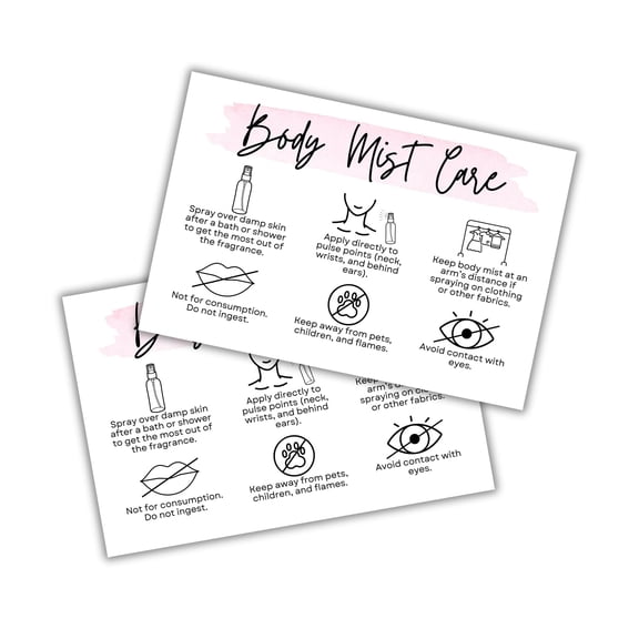 Body Mist Care Instruction Cards 30pk 4x6 Labels Warning How to Use Scent Sticker Client Business Cards Thank You Spray Bulk Bottles