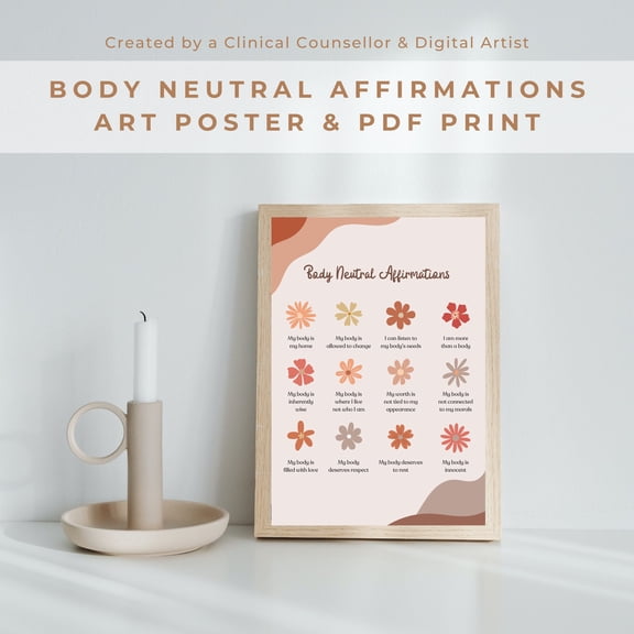 Body Neutrality Affirmations Art Print: Therapy WorksheetPoster, Poster Only
