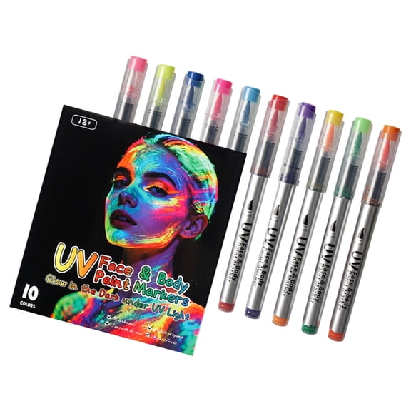 Body Paint Marker Set with 10 Assorted Bright Colors, Glow Under Black Light Face and Body Paint Pens for Night a