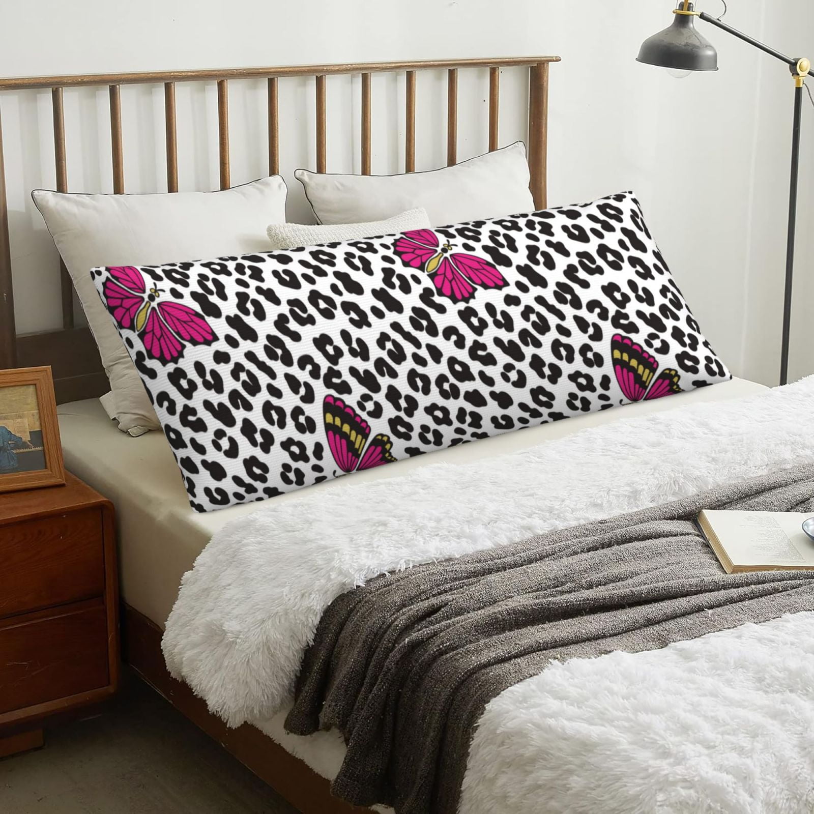 Body Pillow Cover 20x54in, Super Soft pink butterfly Leopard print Body