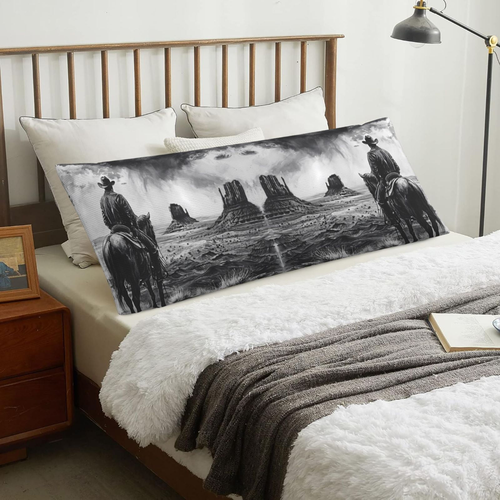 Body Pillow Cover, 60s Black White Western Cowboy Soft and Skin