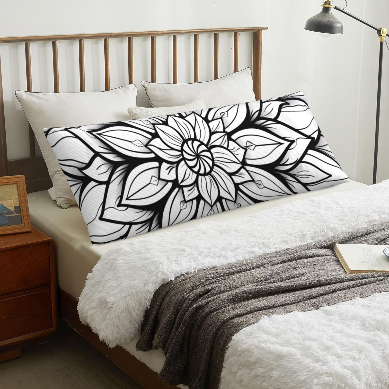 Body Pillow Cover, Mandala Floral Line Art Soft and SkinFriendly Body