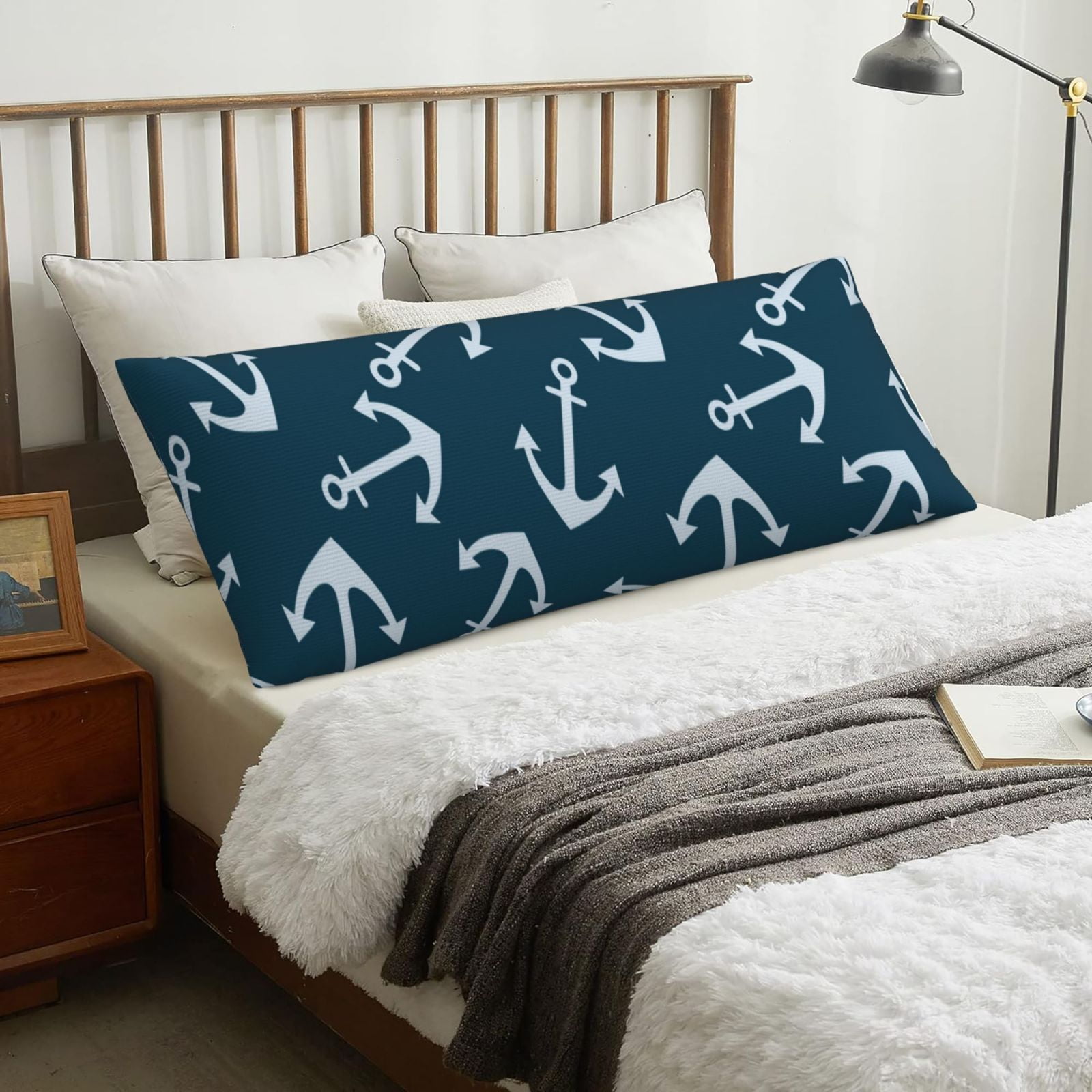 Body Pillow Cover Soft Body Pillow Pillowcase, anchor navyblue print