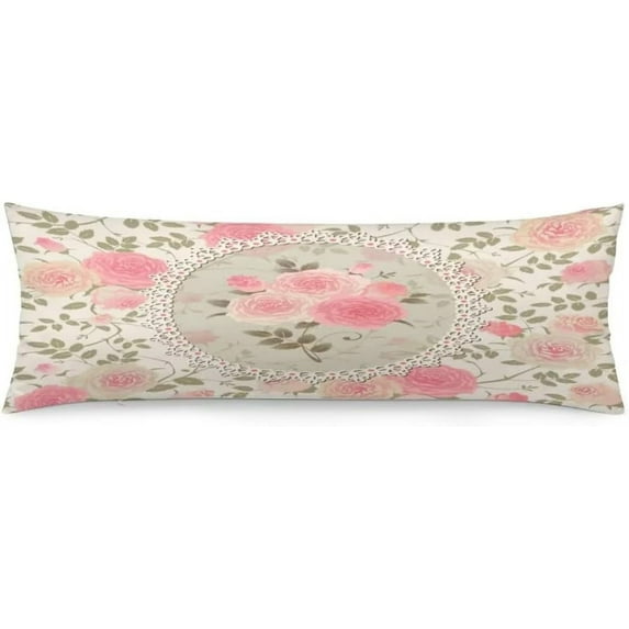 Body Pillow Cover Vintage Floral Shabby Chic Roses Lace Frame Pink Flowers Bouquets with Green Leaves Long Pillow Case Protector with Zipper Decorative Large Pillowcases for Couch,Bedroom 20"x54"
