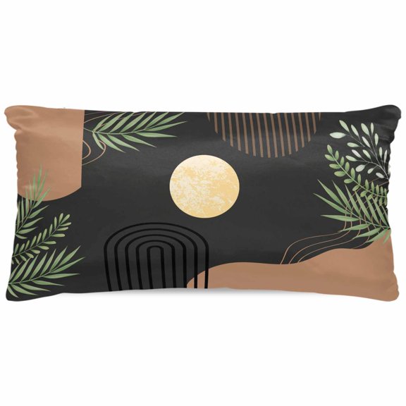 Body Pillow Pillowcase, Brown Modern Stripes Moon Abstract Leaf Silk Pillowcases for Hair and Skin with Zipper, Boho Black Soft Breathable Cooling Pillow Cover for Women, 20 x 40 Inches