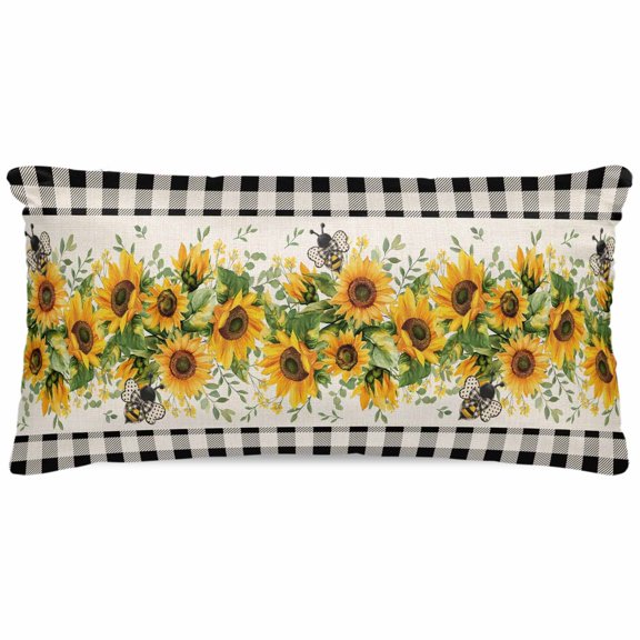Body Pillow Pillowcase, Summer Botanical Bee Rustic Black Plaid Silk Pillowcases for Hair and Skin with Zipper, Sunflower Soft Breathable Cooling Pillow Cover for Women, 20 x 40 Inches