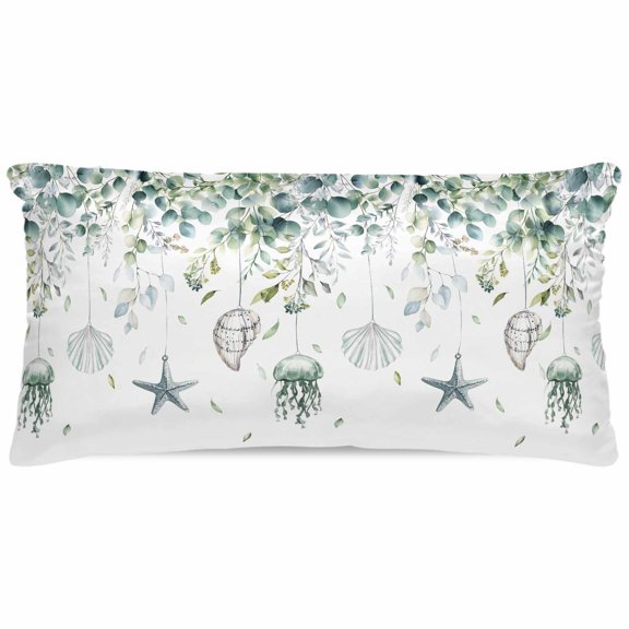 Body Pillow Pillowcase, Teal Eucalyptus Coastal Silk Pillowcases for Hair and Skin with Zipper, Beach Starfish Shells Soft Breathable Cooling Pillow Cover for Women, 20 x 40 Inches
