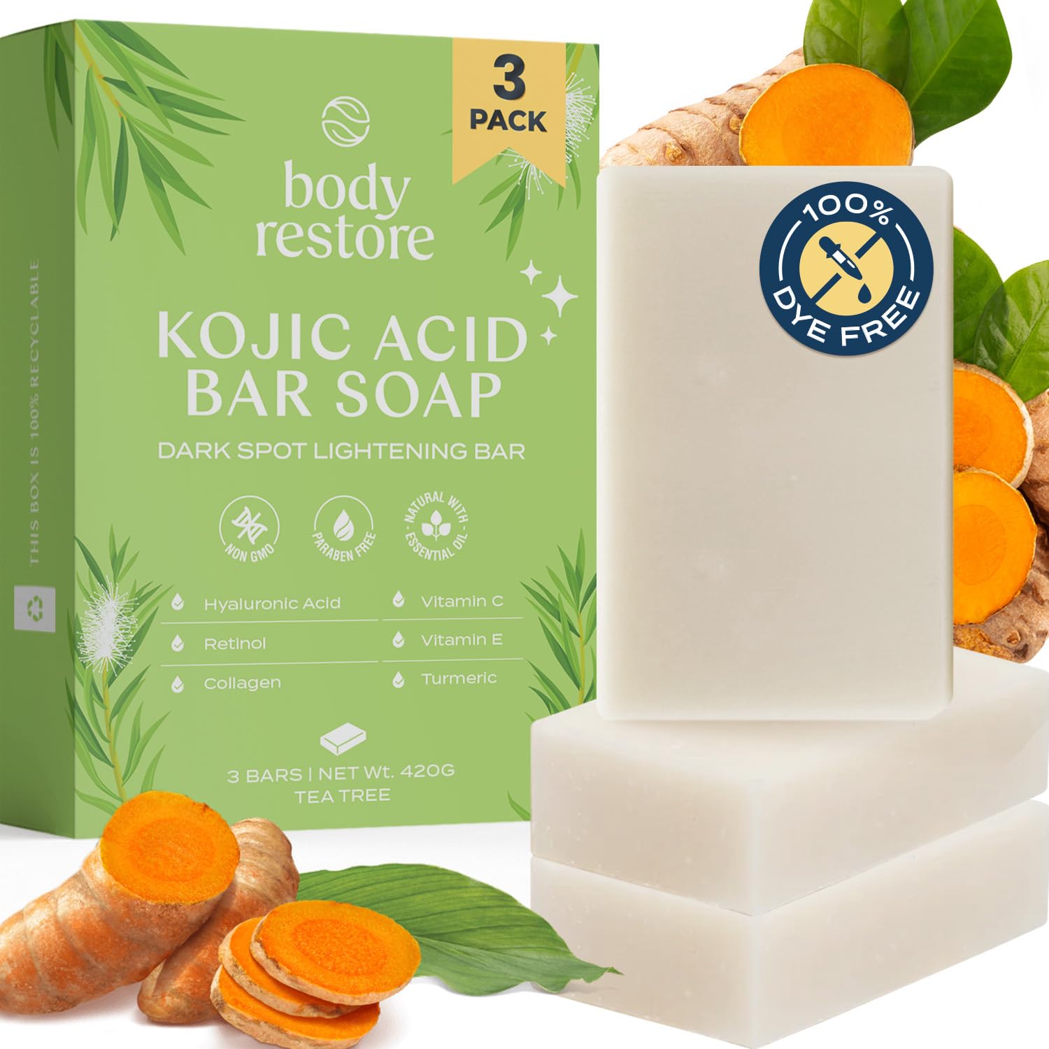Body Restore Kojic Acid AIF4 Soap, (Tea Tree 3 Pack), with Vitamin C,E