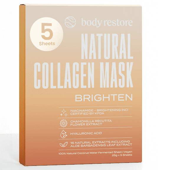 Body Restore Natural Collagen Moisturizing Korean Face Mask with Fermented Coconut Water for Dry Skin, 5 Pack, Brighten, Suitable for Women and Men
