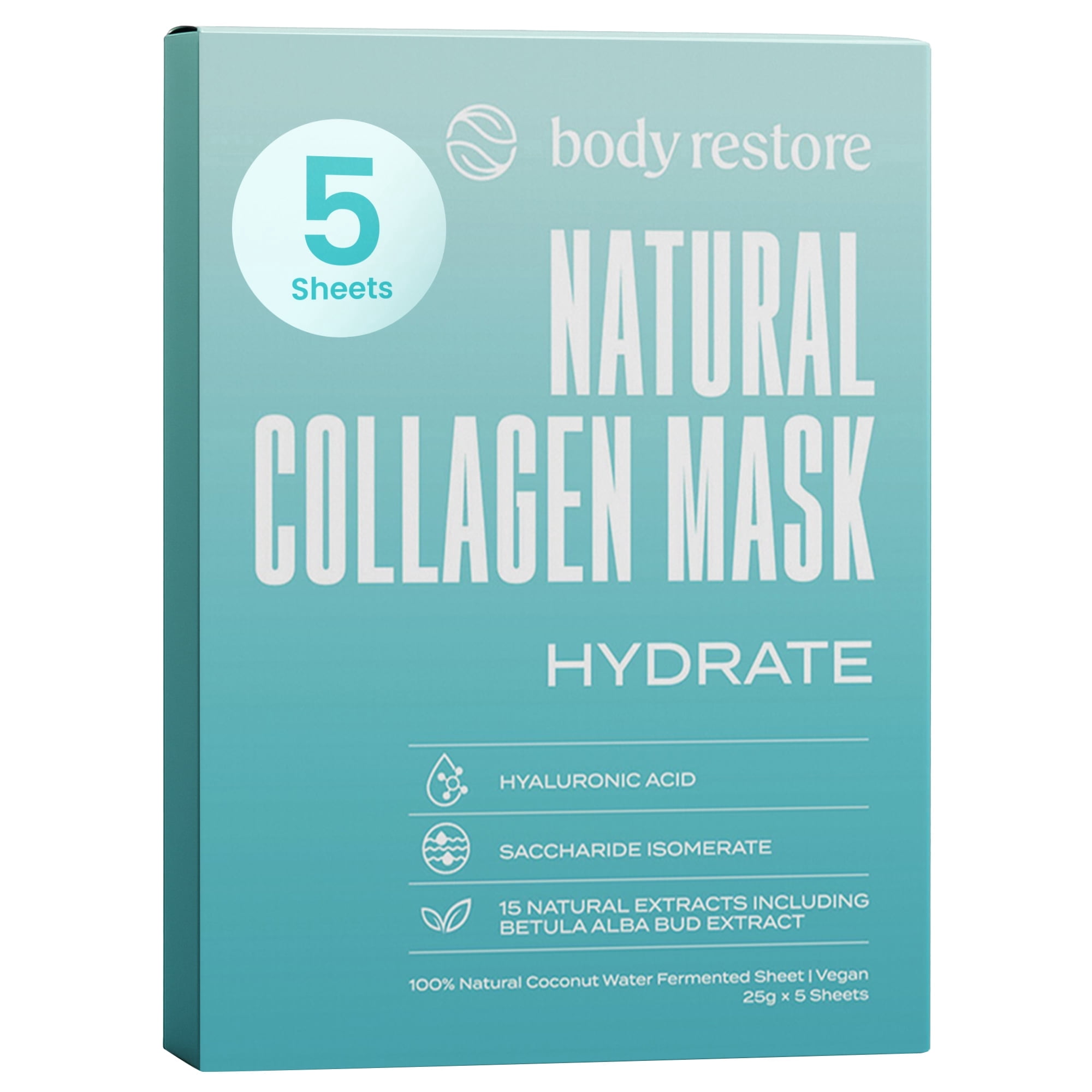 Body Restore Natural Collagen Moisturizing Korean Face Mask with Fermented Coconut Water for Dry Skin, 5 Pack, Hydrate, Suitable for Women and Men