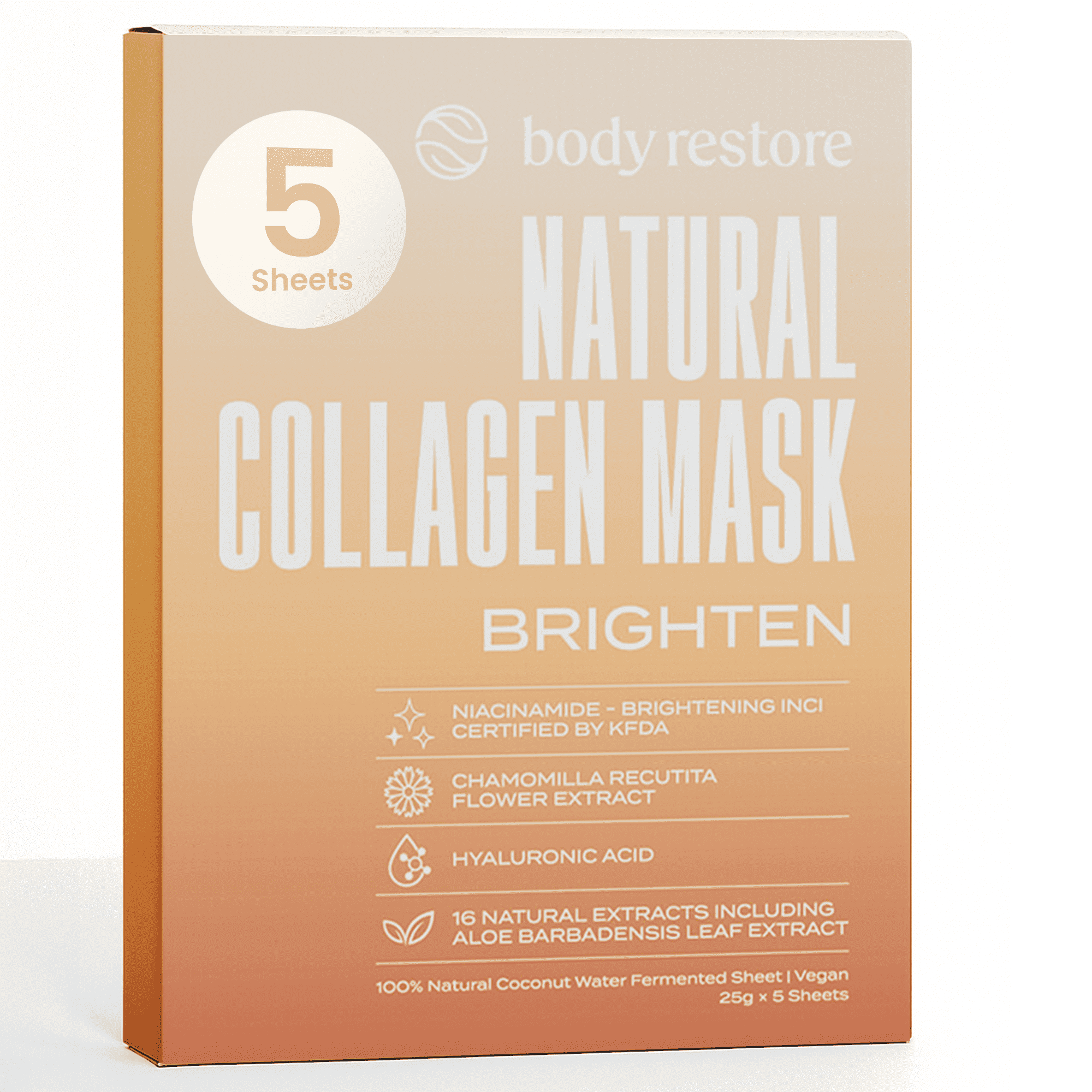 Body Restore Natural Collagen Moisturizing Korean Face Mask with Fermented Coconut Water for Dry Skin, 5 Pack, Brighten, Suitable for Women and Men