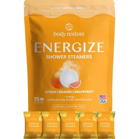 BodyRestore Shower Steamers Aromatherapy, Self Care Gifts, Energize 15 Pack | Birthday Gifts for Women & Men, Spa Stress Relief & Relaxation, Orange & Grapefruit, Essential Oil Tablets