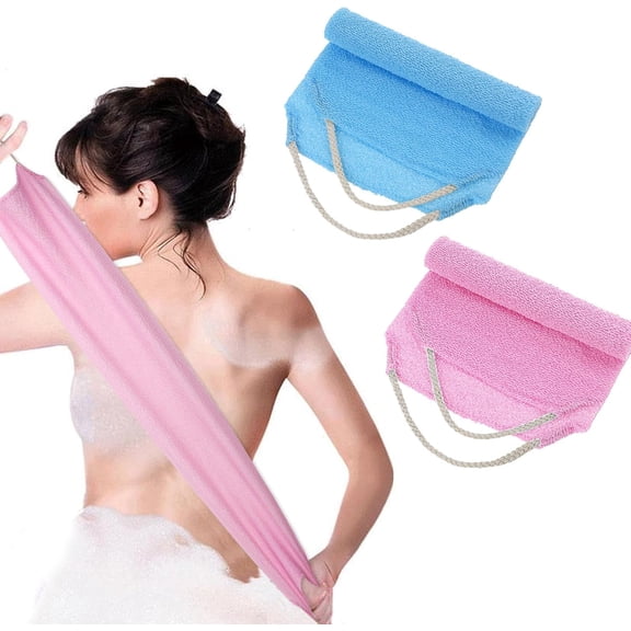 Body Scrubber with Handles Exfoliating Washcloth Towel for Shower Bath 2Pcs Nylon Back Exfoliator Extended Length Back Washers Back Scrubber Towel Stretchable Pull Strap for Sensitive Rough Skin