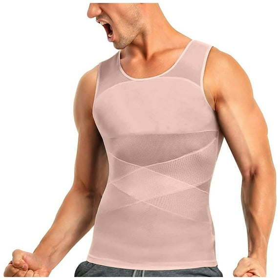 Body Shaper for Men Undershirt Tank Top Mesh Panel Compression Shapewear Vest Beige L
