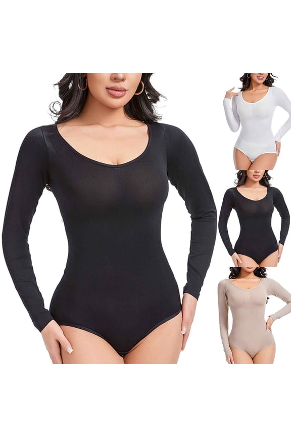 Body Shaper for Women Womens Solid Color High Waist Tummy Pants Long Sleeves Round Neck Seamless Corset White Xxxl