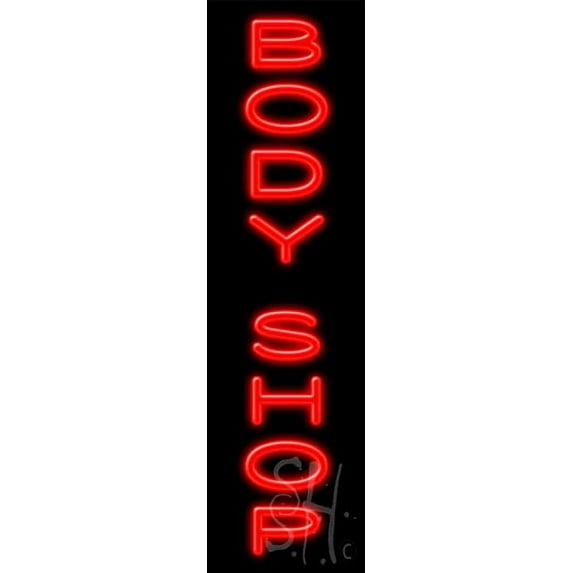 Body Shop LED Neon Sign 29" Tall x 8" Wide, Clear Edge Cut Acrylic Backing, with Dimmer - Bright and Premium built indoor LED Neon Sign for automotive store, and mall.