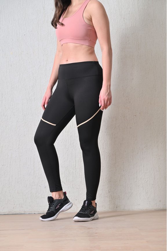 Women High-Rise Dry Fit Ankle-Length Gym Tight With Gold Strip