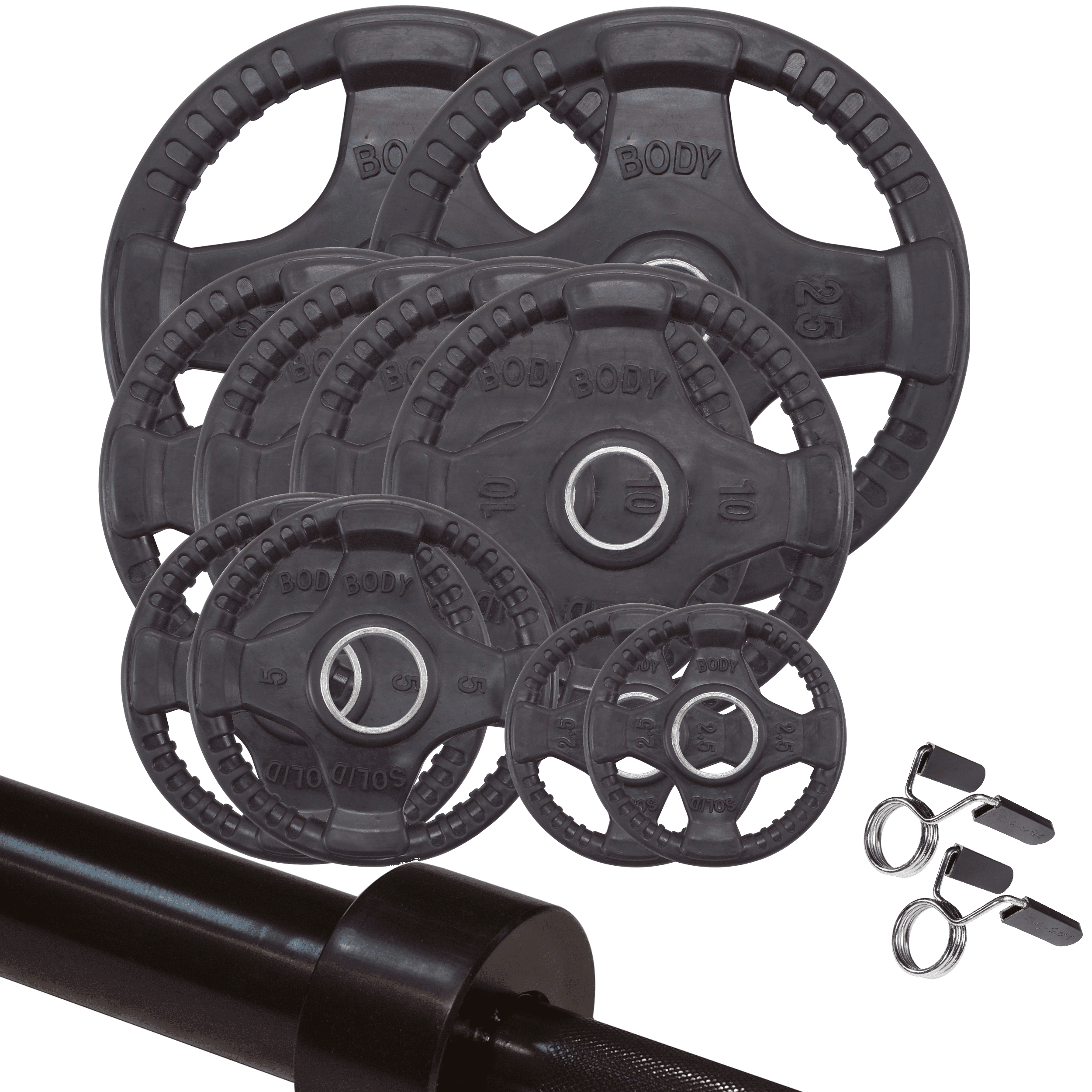 Body Solid OSR140 - 140 lb. Olympic Rubber Grip Weight Plate Set with 6'Olympic Black Bar