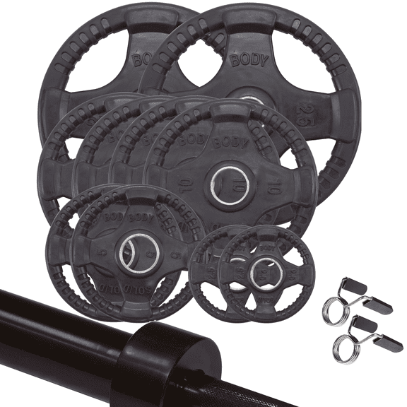 Body Solid OSR150- 150 lb. Olympic Rubber Grip Weight Plate Set with 7' Olympic Bar