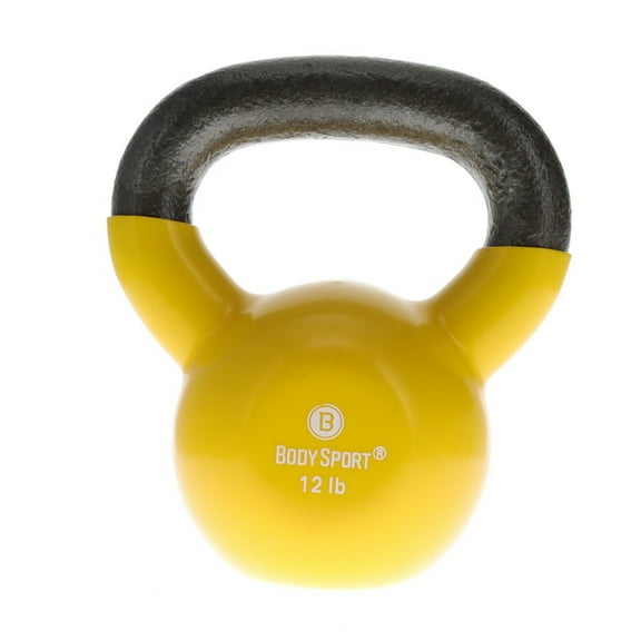 Body Sport Cast Iron Vinyl Coated Kettlebell, 12 lb. - Professional Weight Training Equipment for Home & Gym Workouts (Yellow)