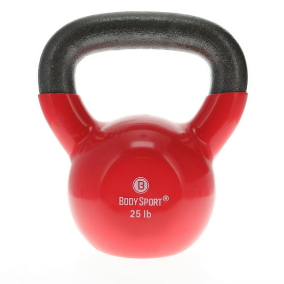 Body Sport Cast Iron Vinyl Coated Kettlebell, 25 lb. - Professional Weight Training Equipment for Home & Gym Workouts (Red)