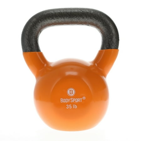 Body Sport Cast Iron Vinyl Coated Kettlebell, 35 lb. - Professional Weight Training Equipment for Home & Gym Workouts (Orange)