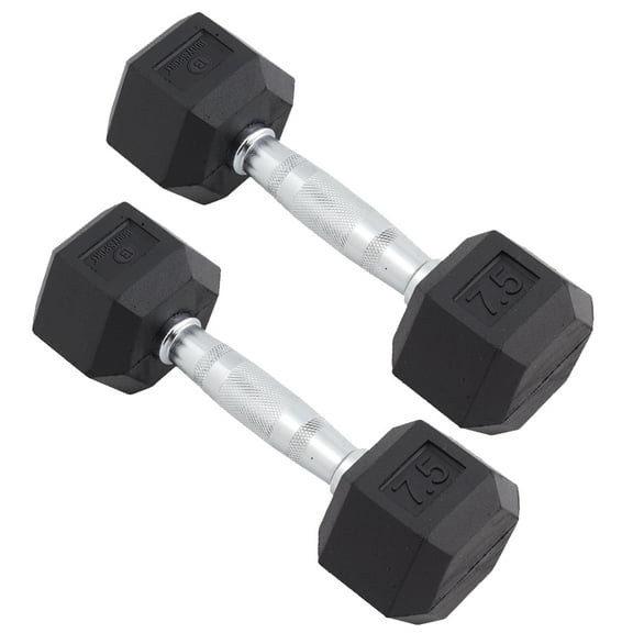 Body Sport Rubber Encased Hex Dumbbell - Set of Two - Black/Metal - 7.5 Pounds