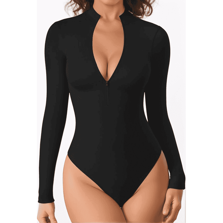 Bodysuits Color Deep V Plunge Bodysuit Long Sleeve Body Suit Tummy