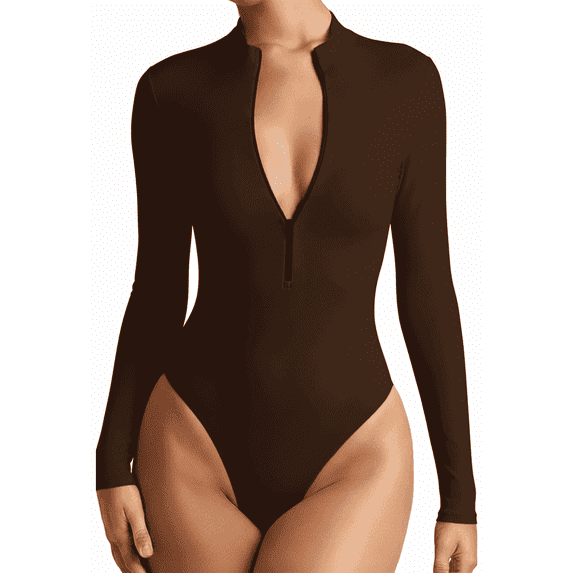 Body Suit Tummy Control Bodysuit Deep V Neck Zip Up Long Sleeve Tops Black Bodysuits for Women Brown