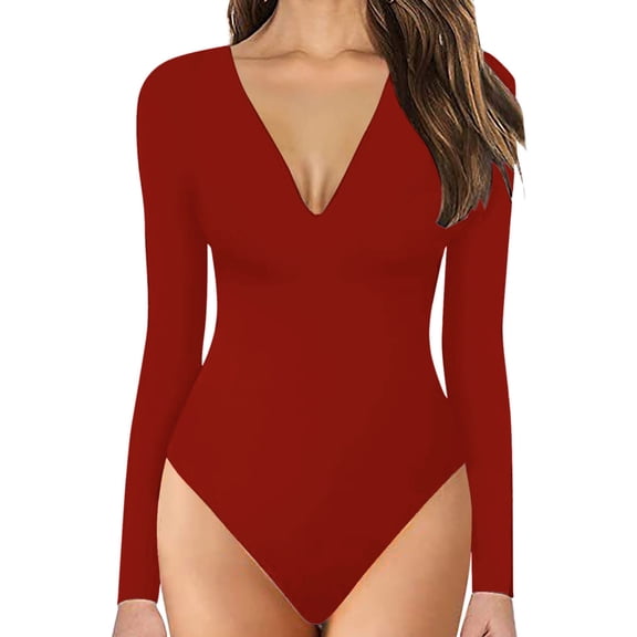 Body Suit Tummy Control Long Sleeve Bodysuits for Women Shapewear Square Deep V Neck Thong Tops