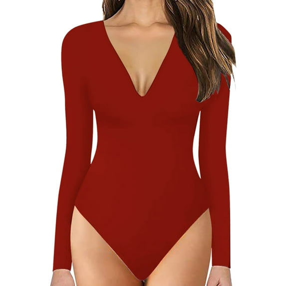 Body Suit Tummy Control Long Sleeve Bodysuits for Women Shapewear Square Deep V Neck Thong Tops