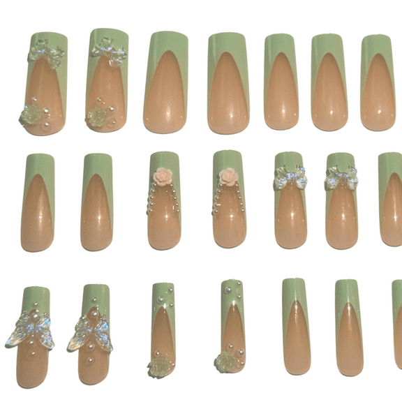 Body Treats By Shay Luxury False Nail Set XL 24-Piece Ballerina False Nails Green French Manicure, 24 Pieces