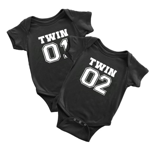 Body Twin Bodysuit Clothes Sports Jersey Numbers 01 and 02 Outfits Gift for Twins (Black, 0-3M)