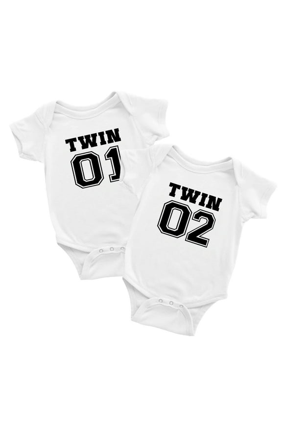 Body Twin Bodysuit Clothes Sports Jersey Numbers 01 and 02 Outfits Gift for Twins (White, 0-3M)