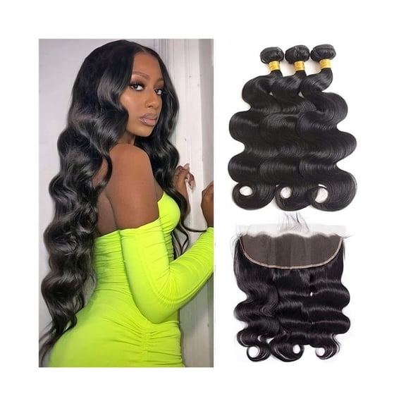 Body Wave 3/4 Bundles with Frontal, Natural Black Brazilian Human Hair Weave Bundles with 13x4 HD Lace Frontal Remy Hair Extensions