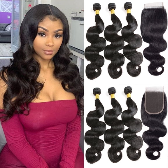 Body Wave Bundle Human Hair 3 Bundles (20 22 24+18 Inch) Human Hair Unprocessed 100% Virgin Body Wave Human Hair Weave Bundles Natural Color