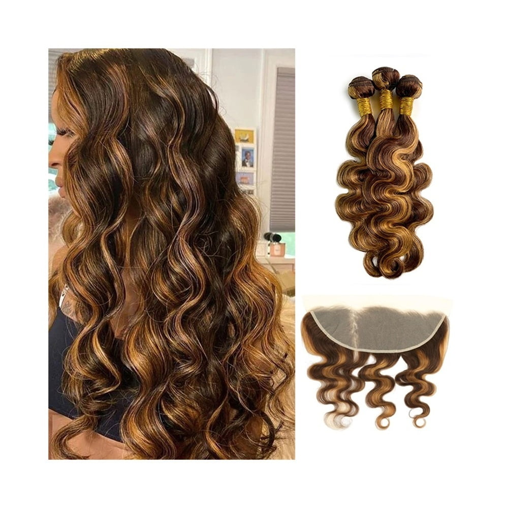 Body Wave Bundles with Frontal Human Hair Extensions Highlight P4-27 Brazilian Virgin Hair Weave 3 Bundle with 13x4 Lace Frontal