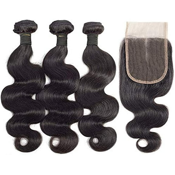 Body Wave Hair Bundles With Closure Virgin Brazilian Human Hair Weave Weft with 4x4 Transparent Lace Closure Natural Black Color