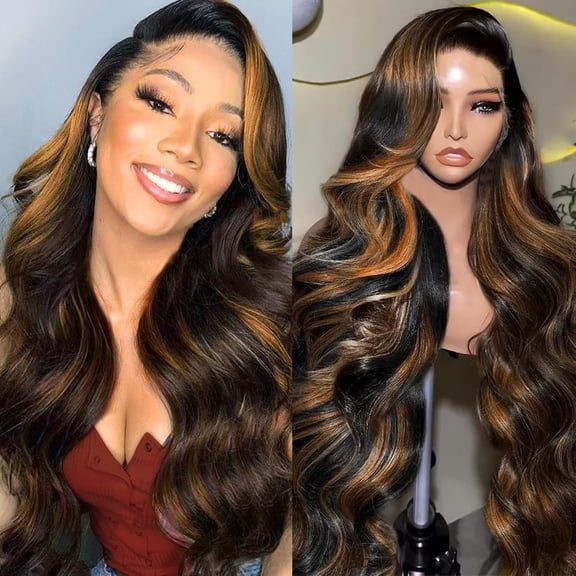 Body Wave Highlight Lace Closure Wig Human Hair Ombre Lace Front Wig 1B/30 Brown Highlight Wigs Human Hair Honey Blonde Ombre Closure Wig 5X5 Glueless Pre Plucked Balayage 180% Density