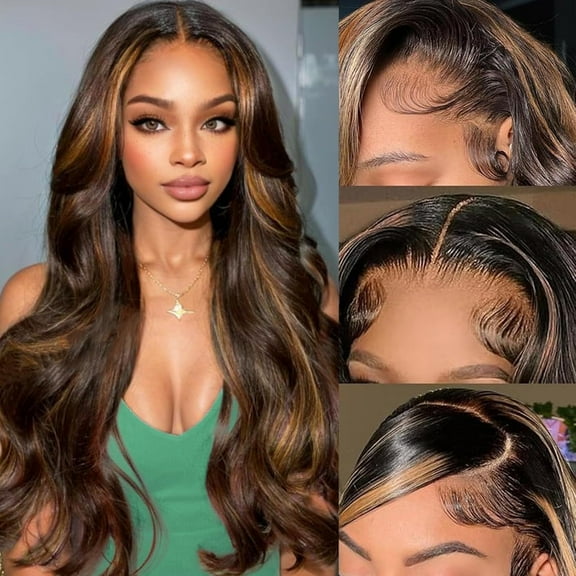 Body Wave Highlight Lace Closure Wig Human Hair Ombre Lace Front Wig 1B/30 Brown Highlight Wigs Human Hair Honey Blonde Ombre Closure Wig 5X5 Glueless Pre Plucked Balayage 180% Density
