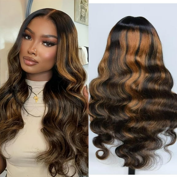 Body Wave Highlight Lace Closure Wig Human Hair Ombre Lace Front Wig 1B/30 Brown Highlight Wigs Human Hair Honey Blonde Ombre Closure Wig 5X5 Glueless Pre Plucked Balayage 180% Density
