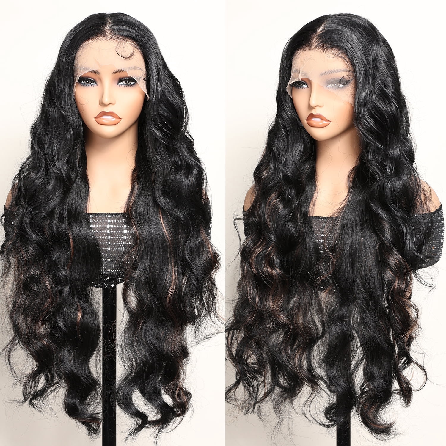 Body Wave Lace Front Wig Synthetic, 13x6 HD Transparent Lace, Pre-Plucked with Baby Hair, 32 Inch Long Wave Black with Brown Highlights Lace Frontal Wigs for Black Women