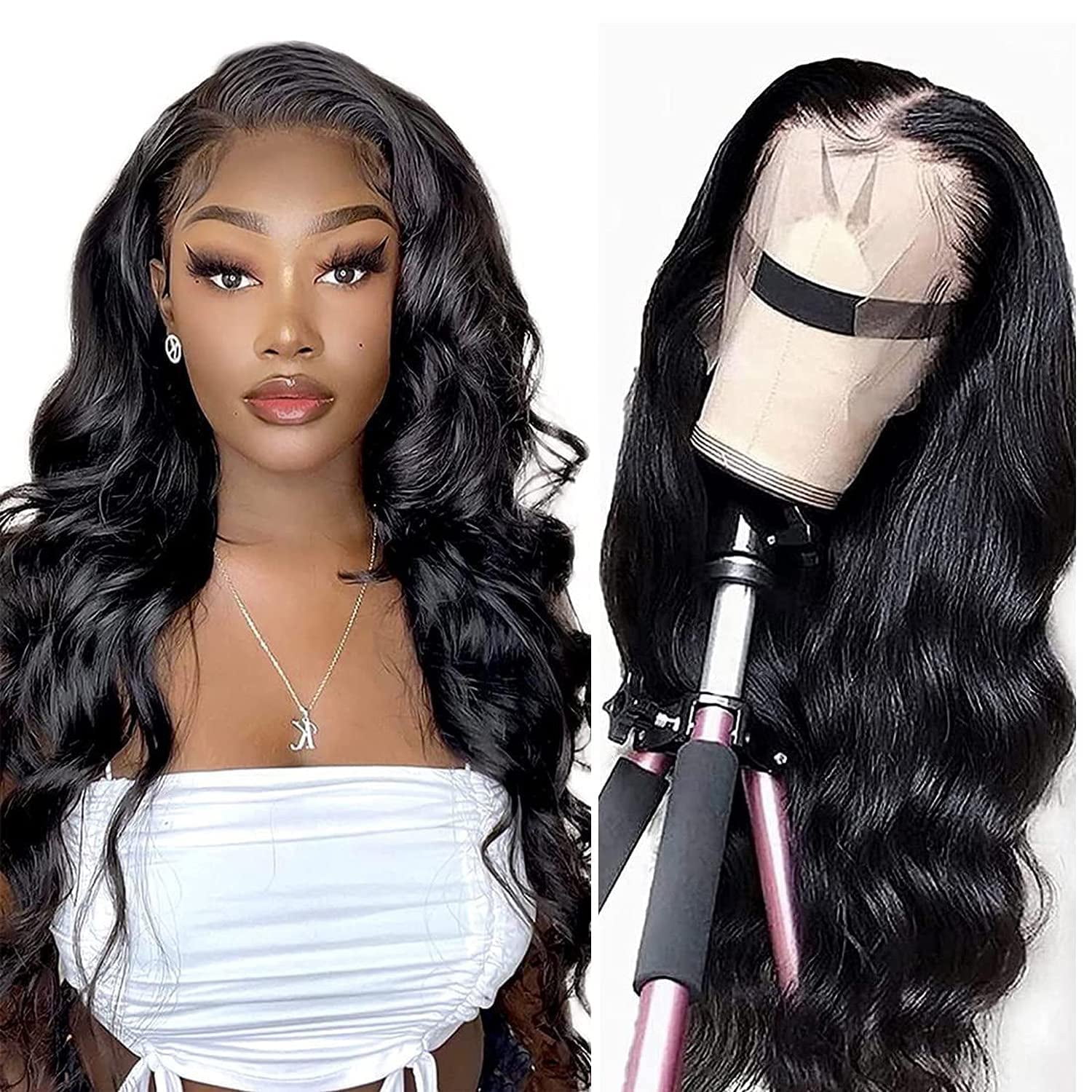 Body Wave Lace Front Wigs Human Hair for Black Women, 13x4 Brazilian Virgin Human Hair Lace Frontal Wigs, 150% Density Body Wave Human Hair Wig Pre-Plucked with Baby Hair Natural Color (28 Inch)