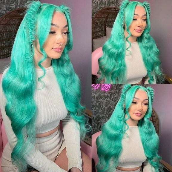 Body Wave Mint Green 13x4 Lace Front Wigs Human Hair 200 Density Pre Plucked Pre Cut UHD Lace Glueless Wig Colored Brazilian Virgin Hair Wigs For Black Women 26 inches