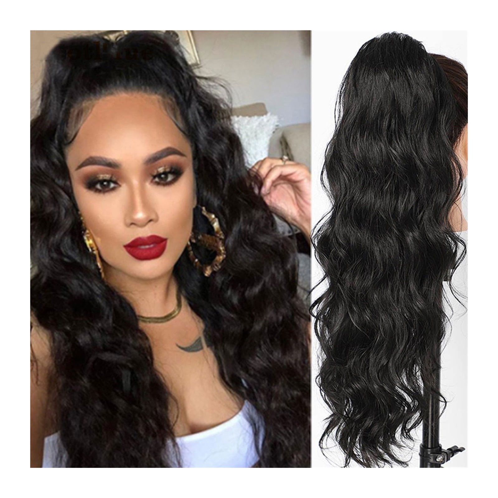 Body Wave for Women Long Wavy Ponytail Human Hair Drawstring Clip in Hairpiece Black Wave Extension African American Pony Tail