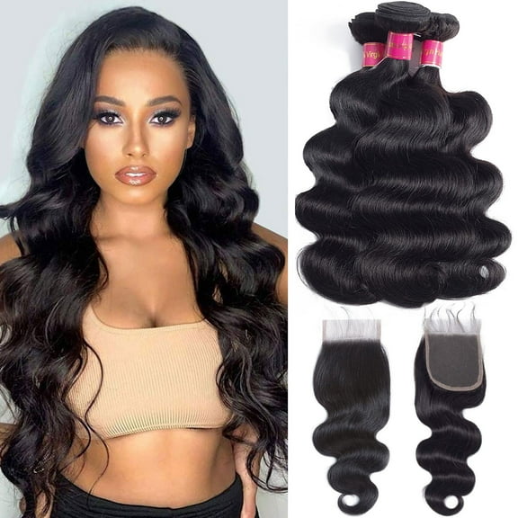 Body Wave with Closure Brazilian Virgin Hair Bundles with 4x4 Closure Human Hair with Crochet Closure (14" 16" 18"with 14")