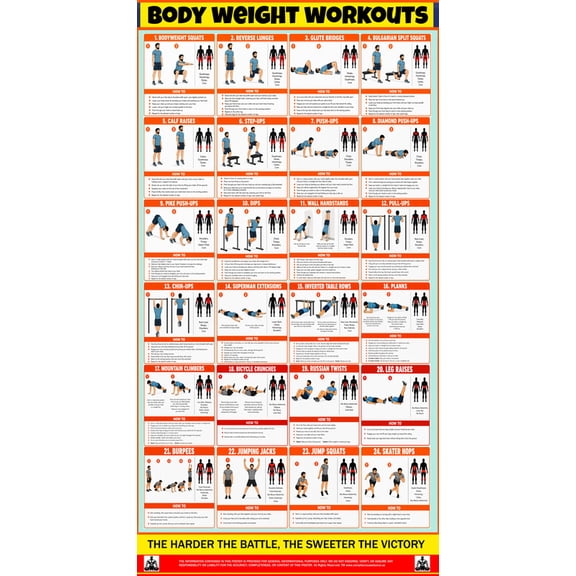 Body Weight Workouts Poster Laminated – Exercise Guide with Muscle Groups & Step-by-Step Instructions Poster for Home Gym, Fitness Training & Commercial Gyms - 17x36 Inch